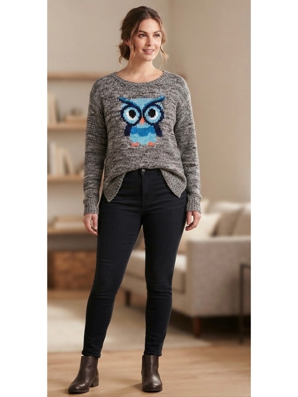 Jolt Gray Marled Blue Owl Graphic Sweater (Size XL)
